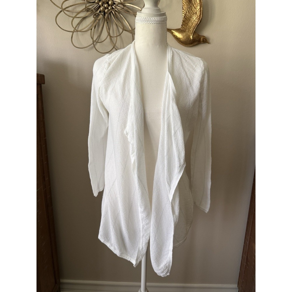 August Silk Cardigan Womens White Open Front Draped Knit Metallic Cotton Modal